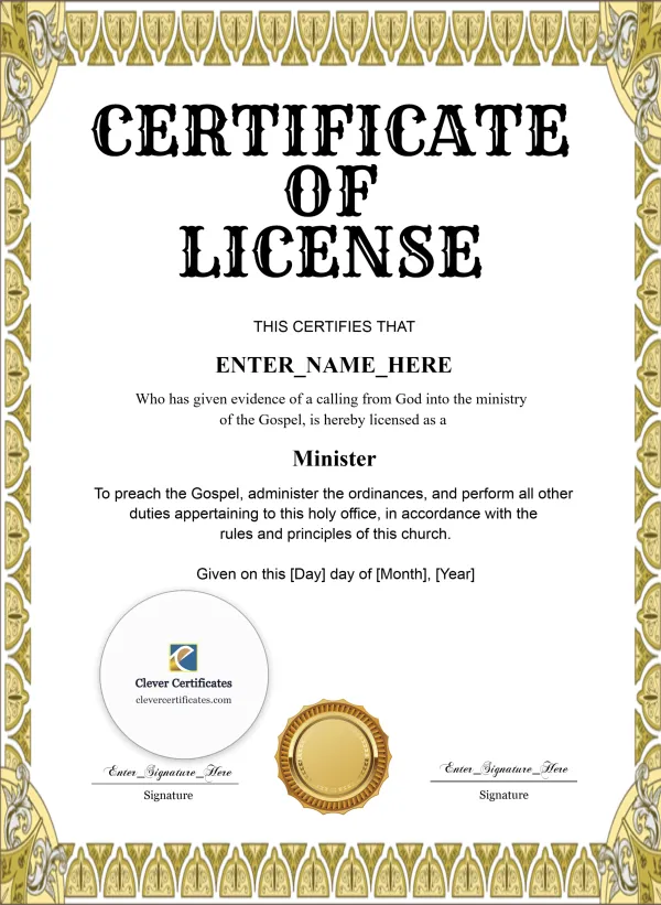 Editable Certificate Of License To Preach Portrait — Certificate Template Preview