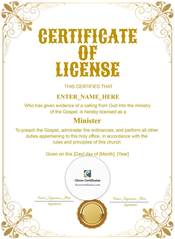 Printable Certificate Of License To Preach Portrait — Certificate Template Preview