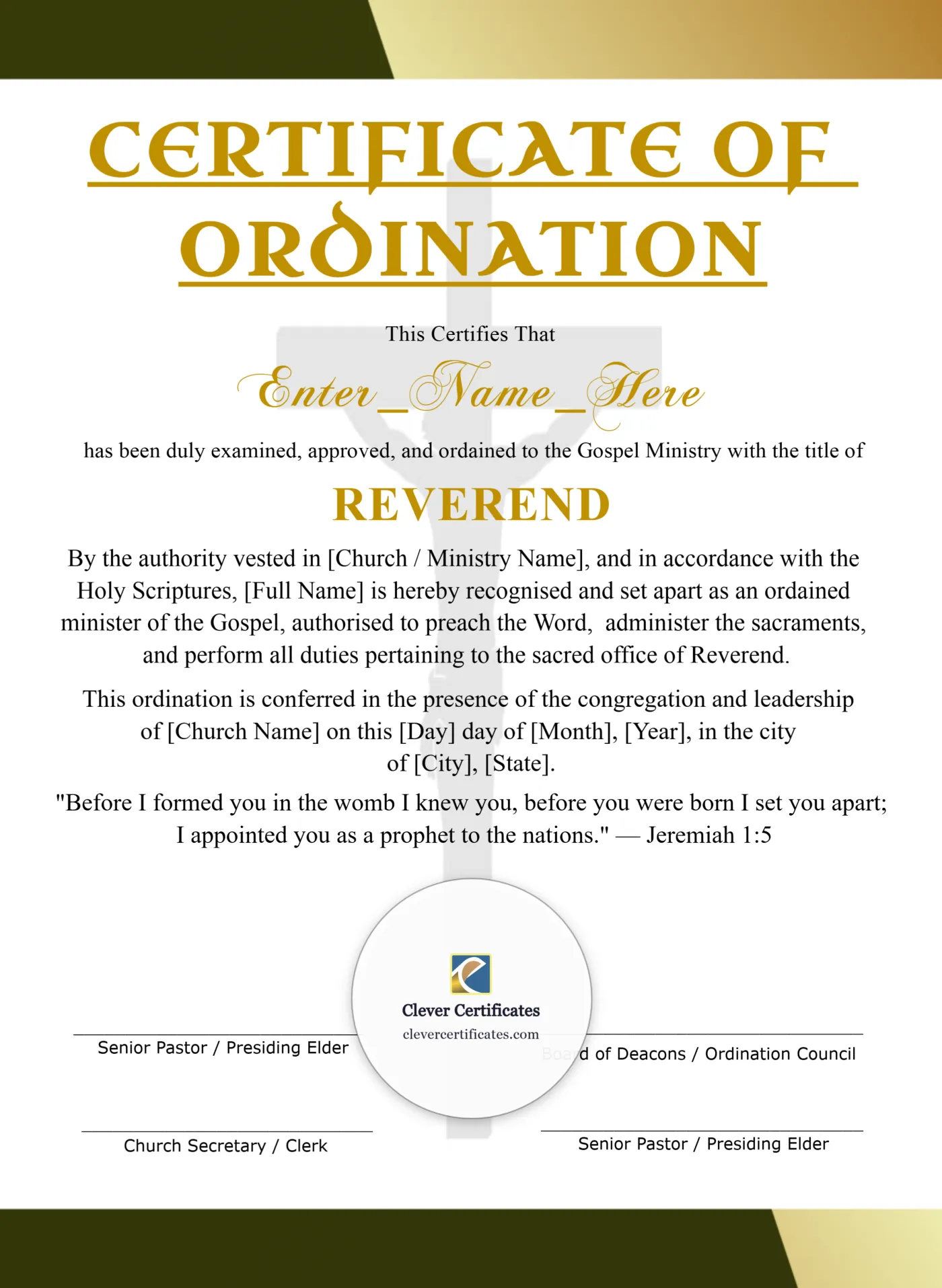 Editable Certificate Of Ordination For Reverend Portrait — Certificate Template Preview