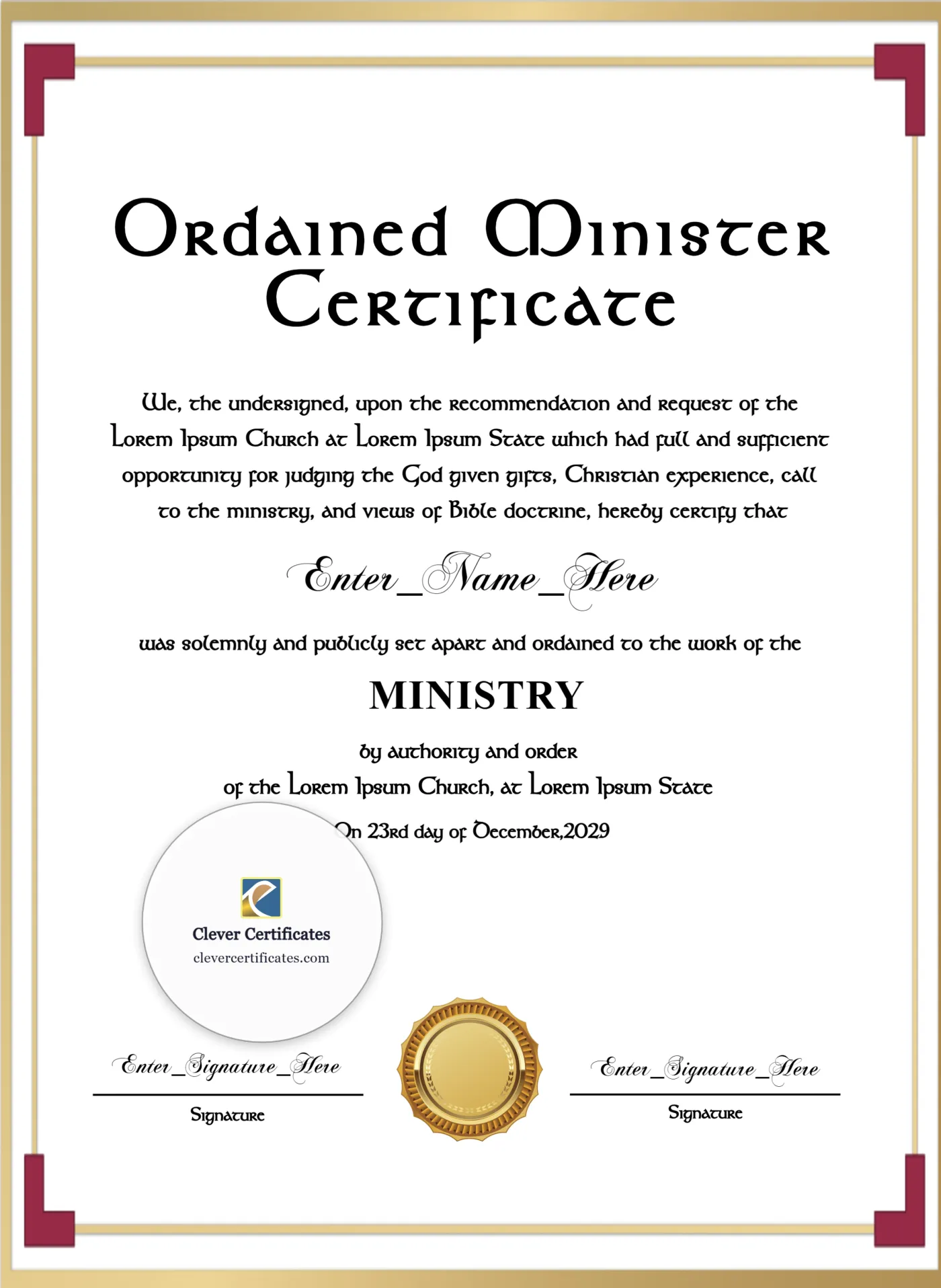 Editable Minister Ordination Certificate Portrait — Certificate Template Preview