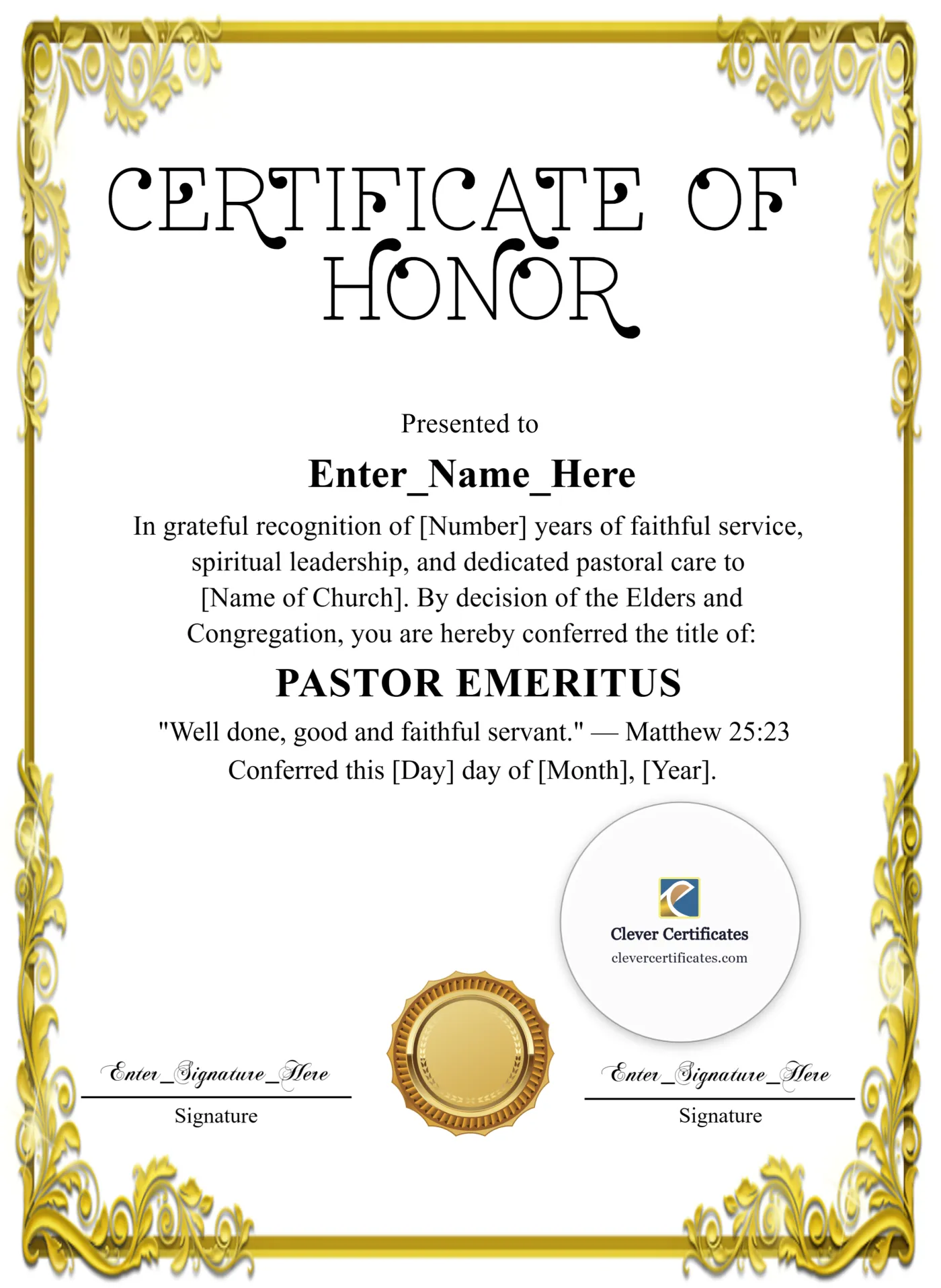 Pastor Emeritus Church Recognition Certificate Portrait — Certificate Template Preview