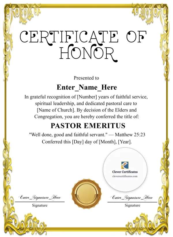 Pastor Emeritus Church Recognition Certificate Portrait — Certificate Template Preview