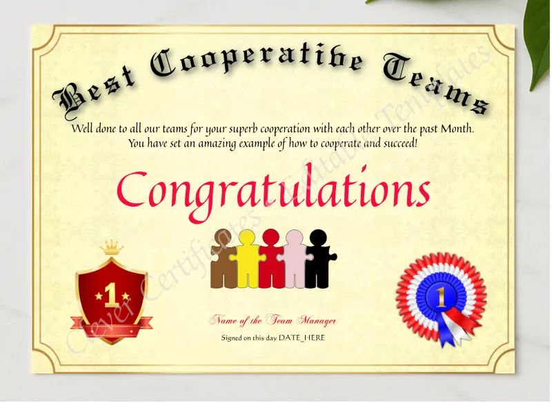 Best Cooperative Teams presented in a sleek wooden frame, elegantly arranged on a stylish table.