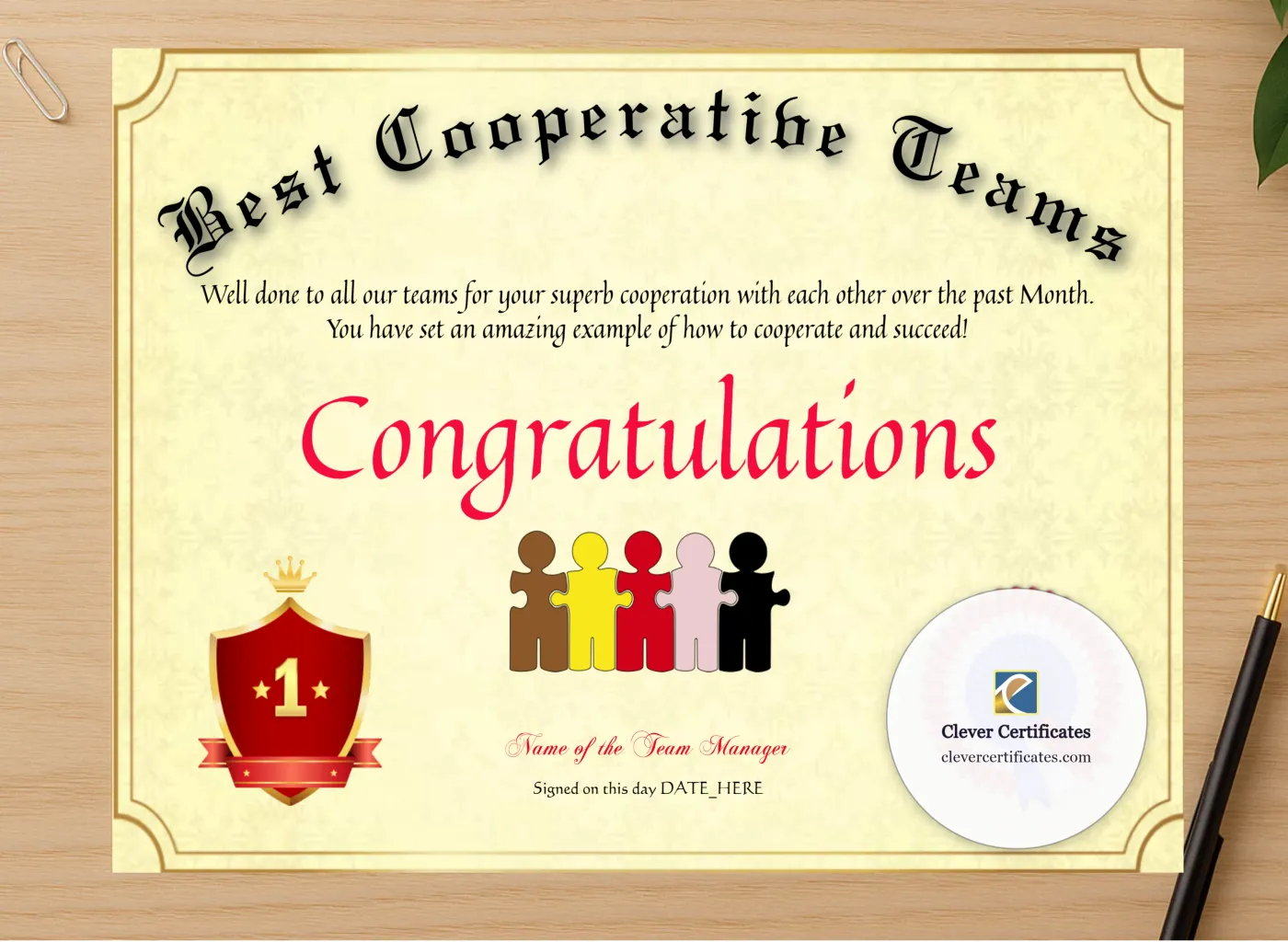 Professional preview of Best Cooperative Teams certificate on high-quality stationery paper, ideal for showcasing the final look.
