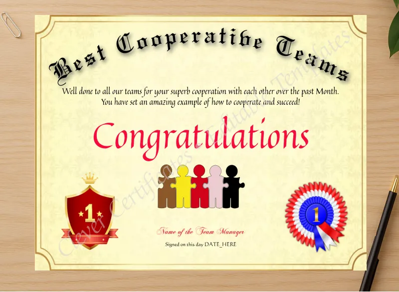 Professional preview of Best Cooperative Teams certificate on high-quality stationery paper, ideal for showcasing the final look.