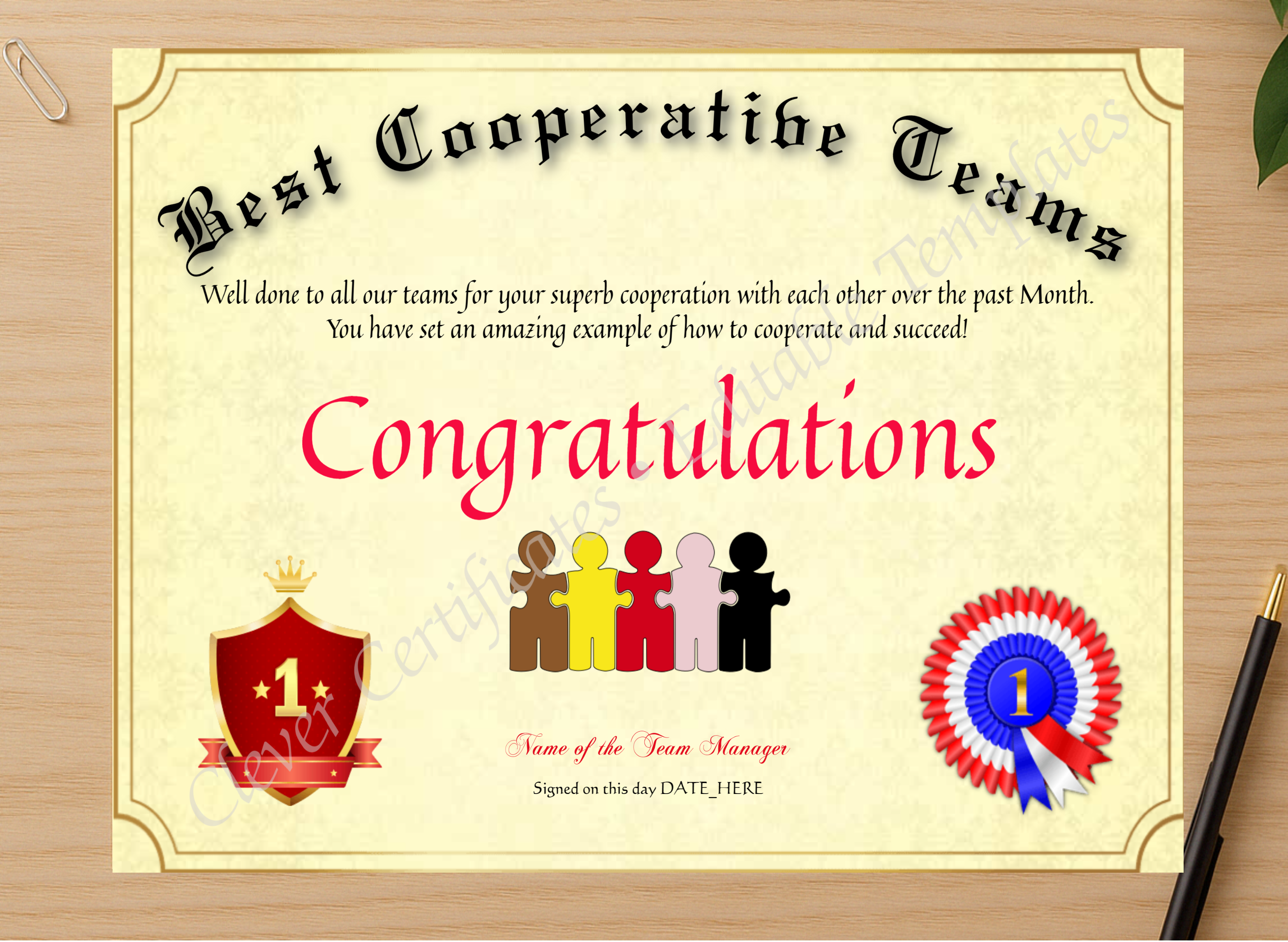 Professional preview of Best Cooperative Teams certificate on high-quality stationery paper, ideal for showcasing the final look.