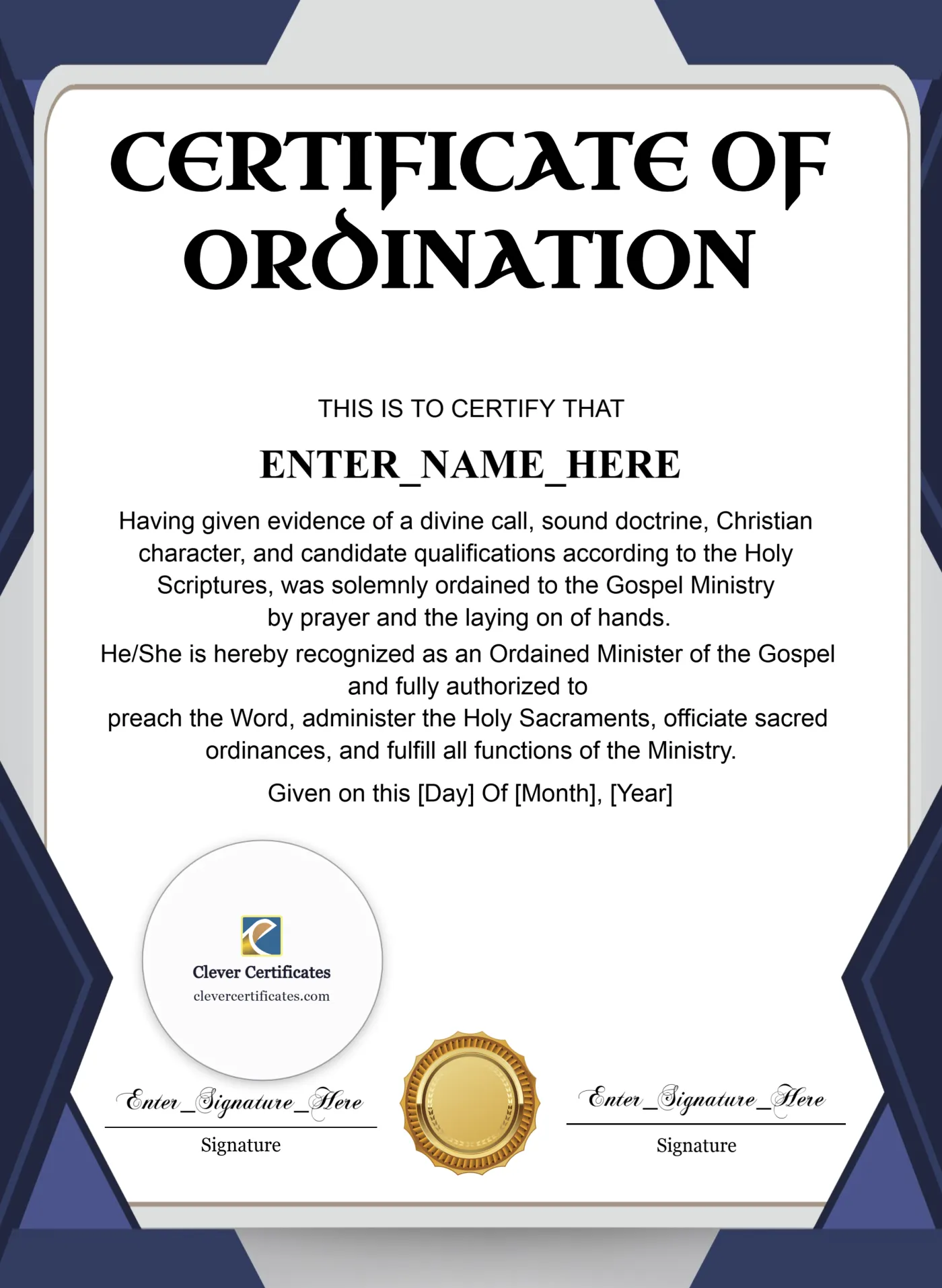 Pentecostal Ordination Certificate Portrait — Certificate Template Preview