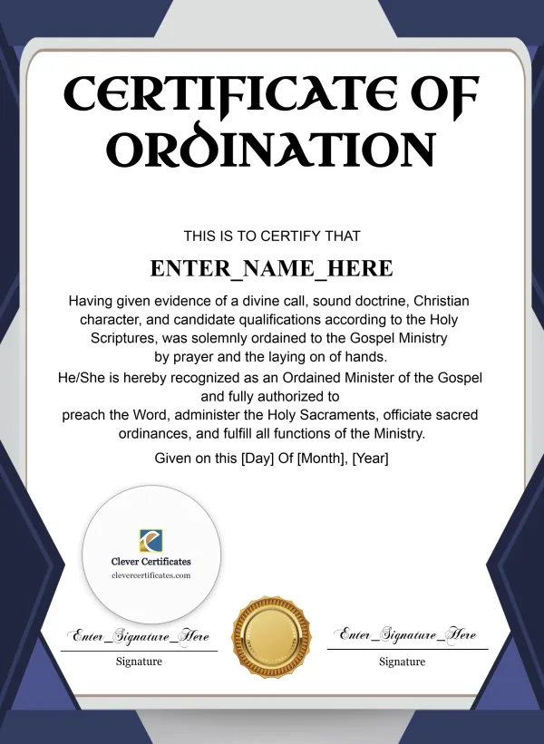 Pentecostal Ordination Certificate Portrait — Certificate Template Preview