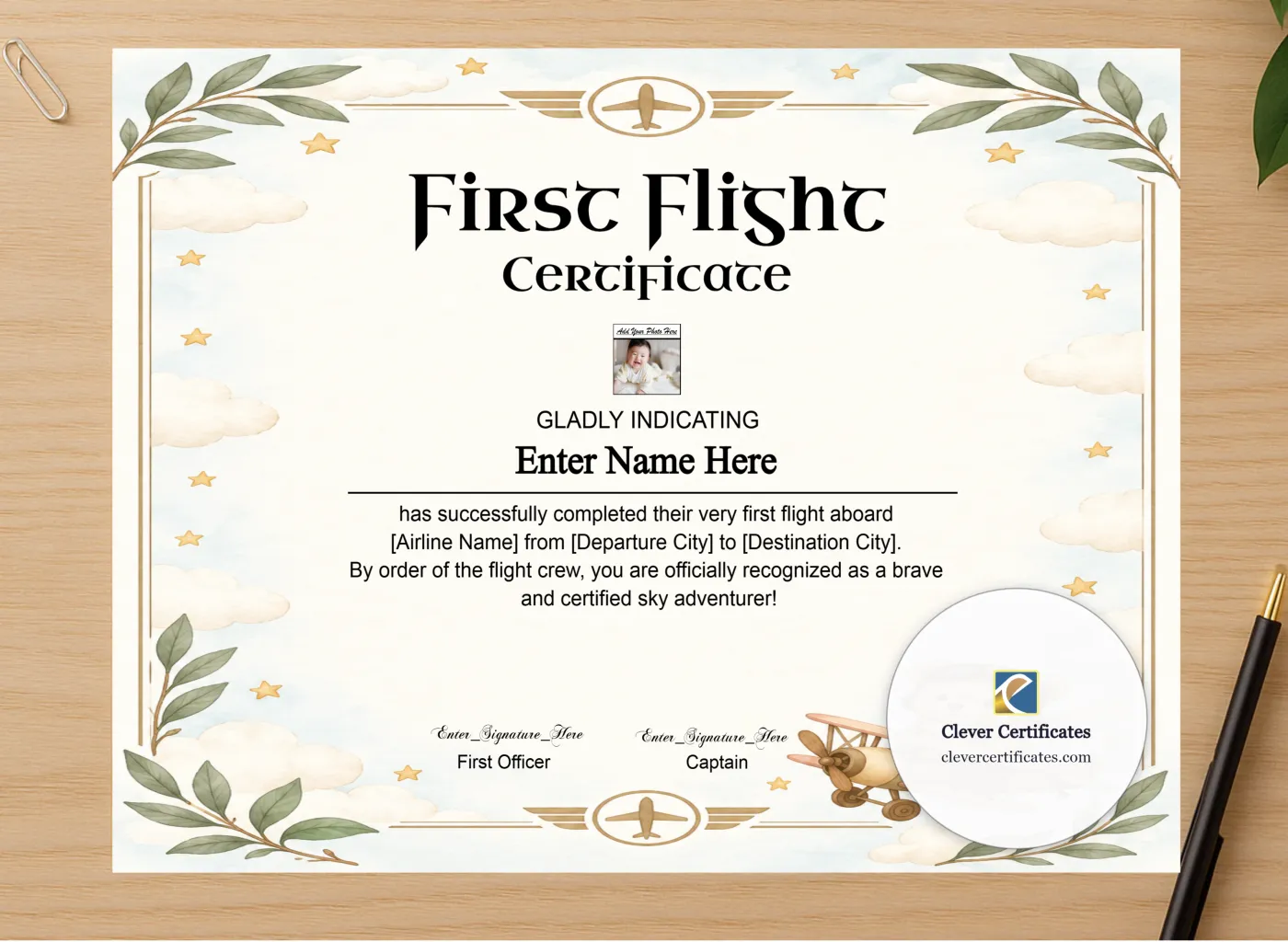 Professional preview of Toddler First Flight Certificate With Photo certificate on high-quality stationery paper, ideal for showcasing the final look.