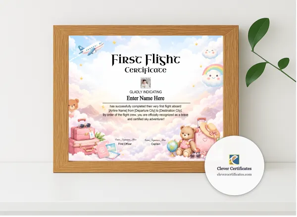 Realistic mockup featuring Infant First Flight Certificate With Photo displayed within a modern frame, set against a minimalistic background.