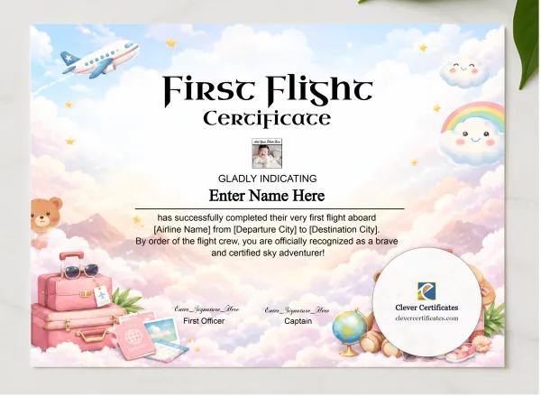 Infant First Flight Certificate With Photo presented in a sleek wooden frame, elegantly arranged on a stylish table.