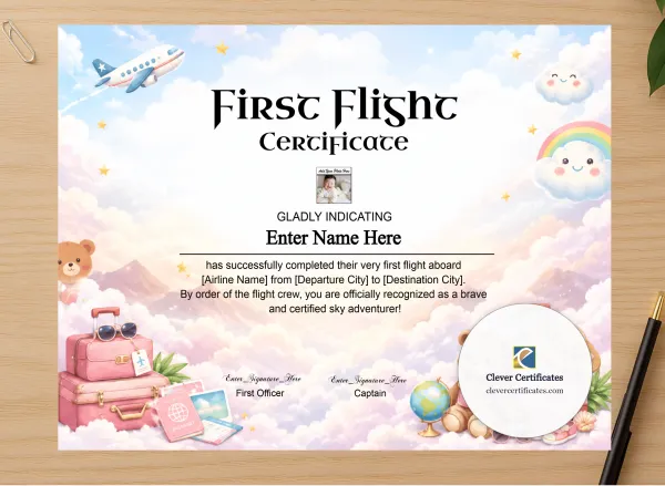Professional preview of Infant First Flight Certificate With Photo certificate on high-quality stationery paper, ideal for showcasing the final look.