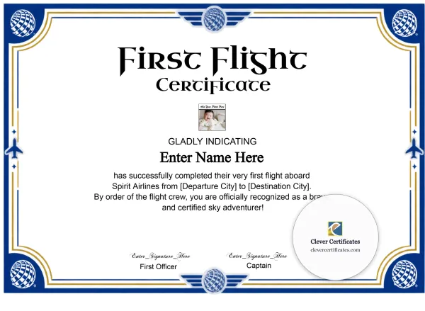 Free Spirit Airlines Kids First Flight Certificate