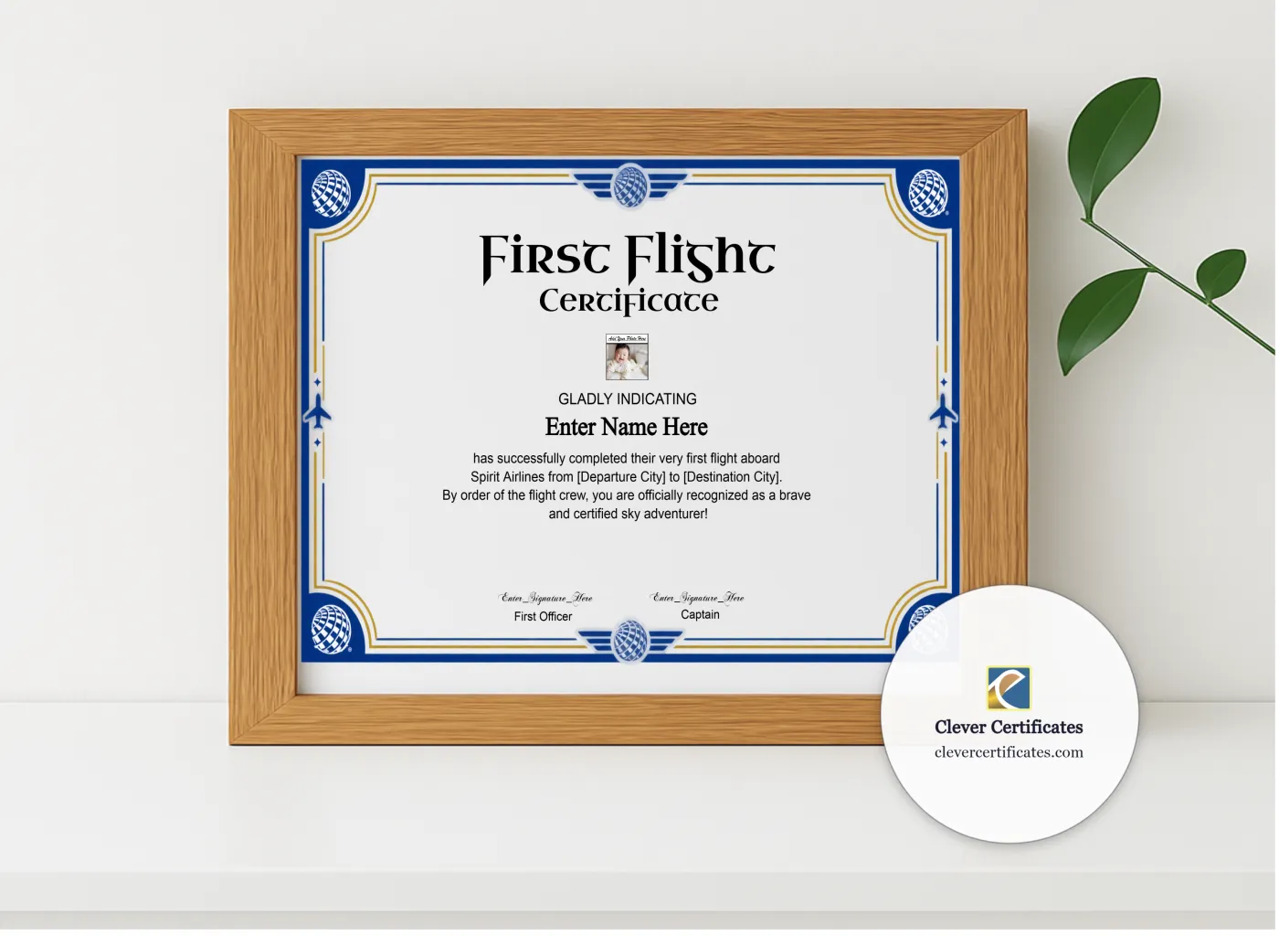 Realistic mockup featuring Spirit Airlines Kids First Flight Certificate displayed within a modern frame, set against a minimalistic background.