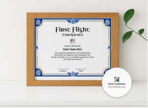Realistic mockup featuring Spirit Airlines Kids First Flight Certificate displayed within a modern frame, set against a minimalistic background.