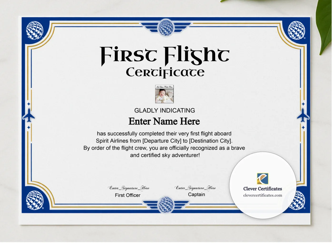 Spirit Airlines Kids First Flight Certificate presented in a sleek wooden frame, elegantly arranged on a stylish table.