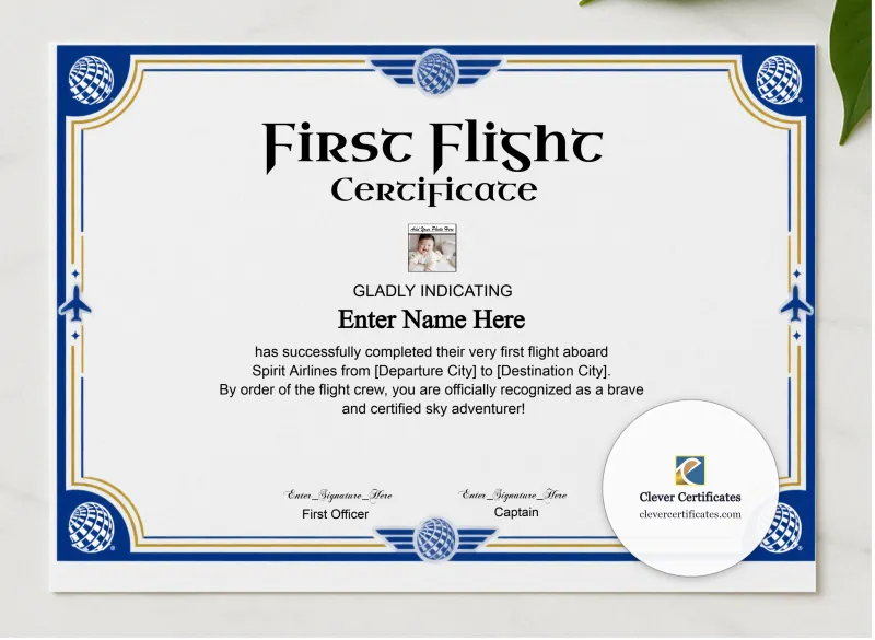 Spirit Airlines Kids First Flight Certificate presented in a sleek wooden frame, elegantly arranged on a stylish table.