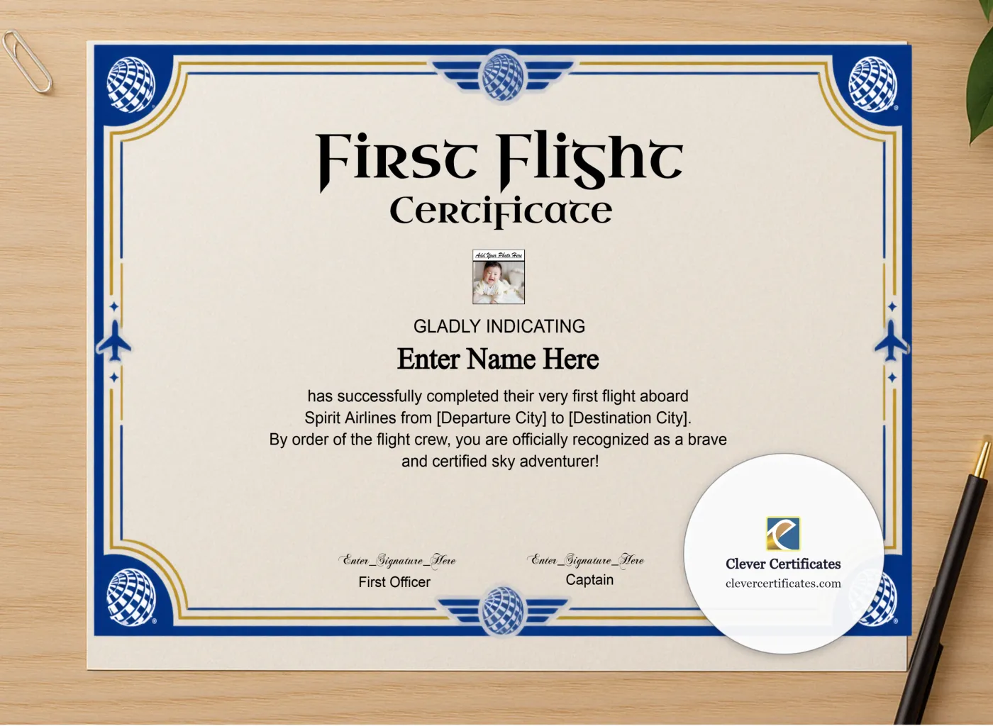 Professional preview of Spirit Airlines Kids First Flight Certificate certificate on high-quality stationery paper, ideal for showcasing the final look.