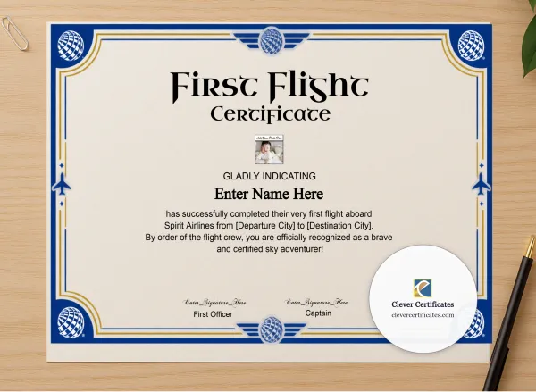 Professional preview of Spirit Airlines Kids First Flight Certificate certificate on high-quality stationery paper, ideal for showcasing the final look.