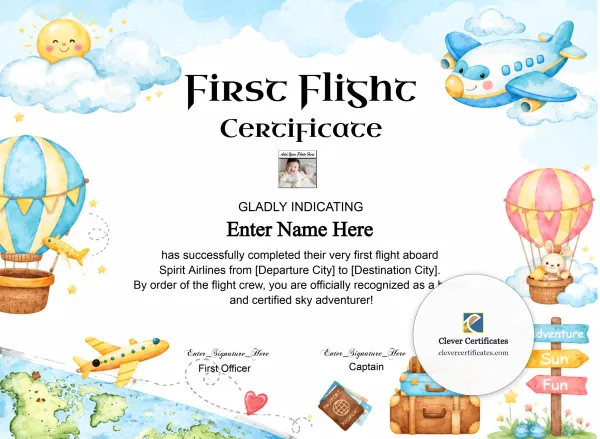 Free Spirit Airlines First Flight Certificate With Photo