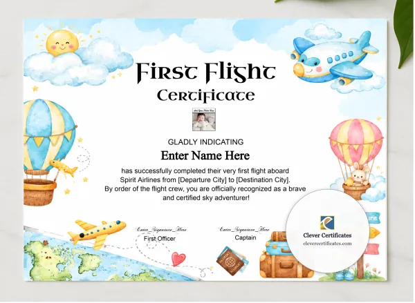 Spirit Airlines First Flight Certificate With Photo presented in a sleek wooden frame, elegantly arranged on a stylish table.