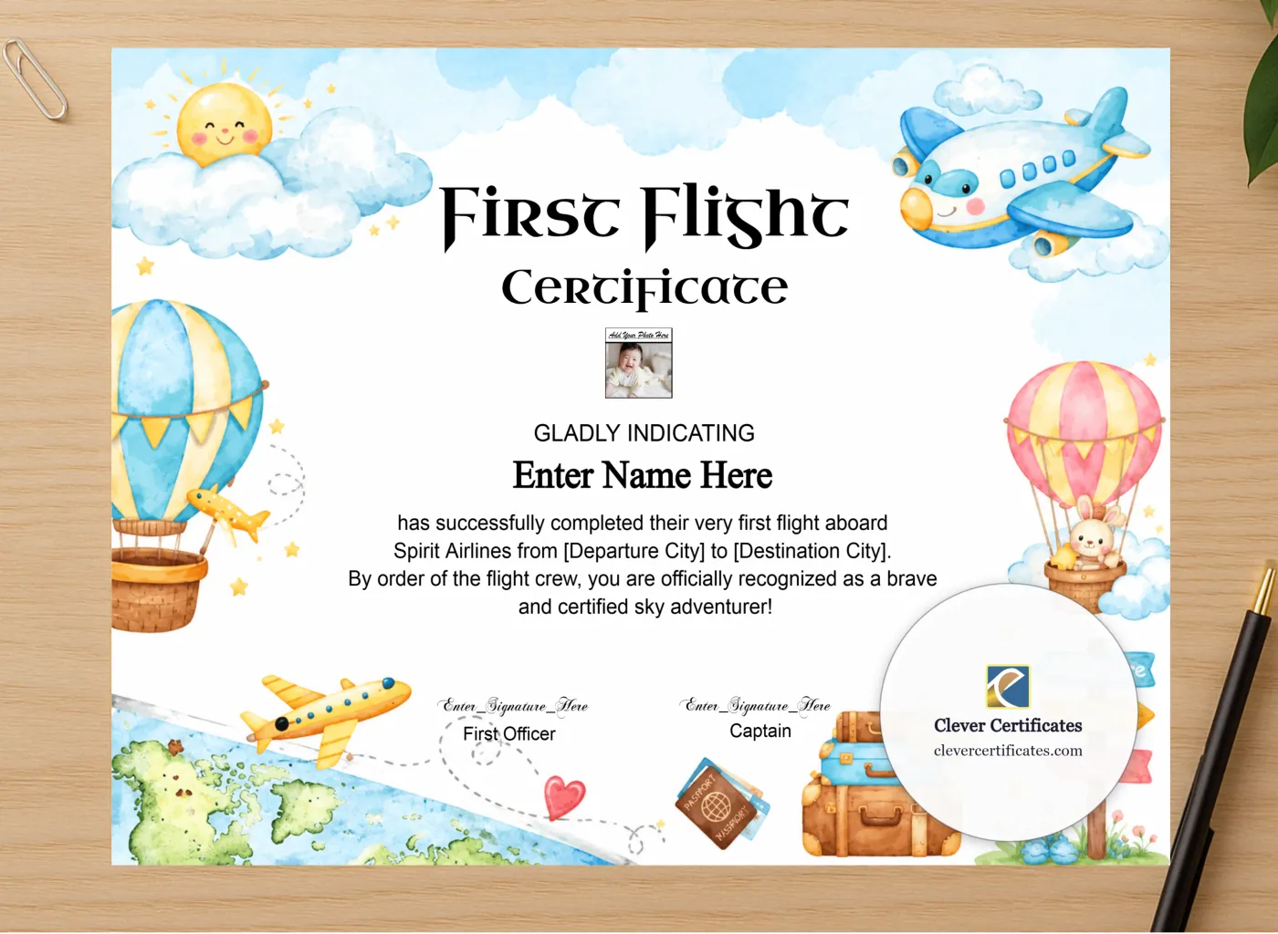 Professional preview of Spirit Airlines First Flight Certificate With Photo certificate on high-quality stationery paper, ideal for showcasing the final look.