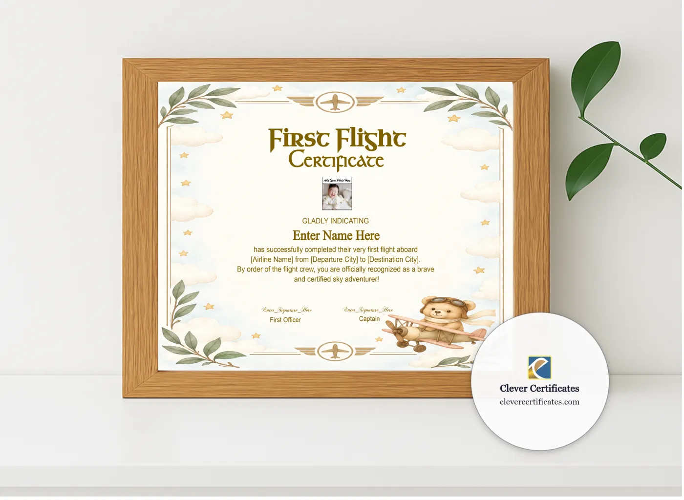 Realistic mockup featuring Toddler First Flight Certificate Classic Landscape displayed within a modern frame, set against a minimalistic background.