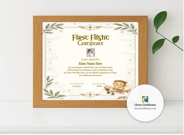 Realistic mockup featuring Toddler First Flight Certificate Classic Landscape displayed within a modern frame, set against a minimalistic background.