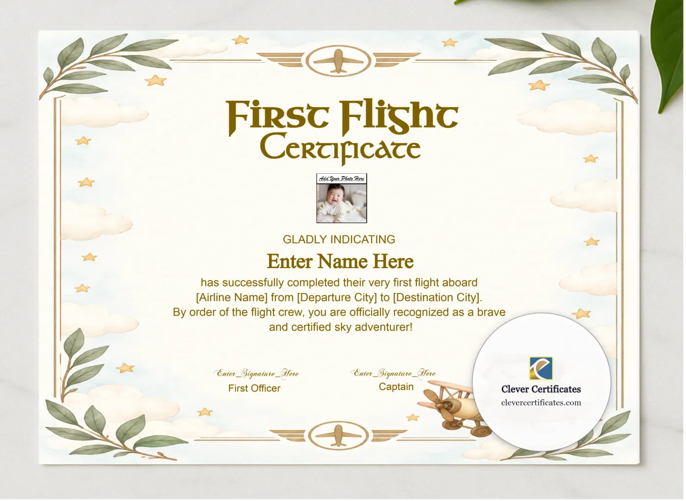 Toddler First Flight Certificate Classic Landscape presented in a sleek wooden frame, elegantly arranged on a stylish table.