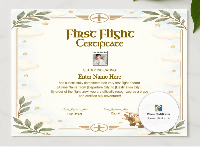 Toddler First Flight Certificate Classic Landscape presented in a sleek wooden frame, elegantly arranged on a stylish table.