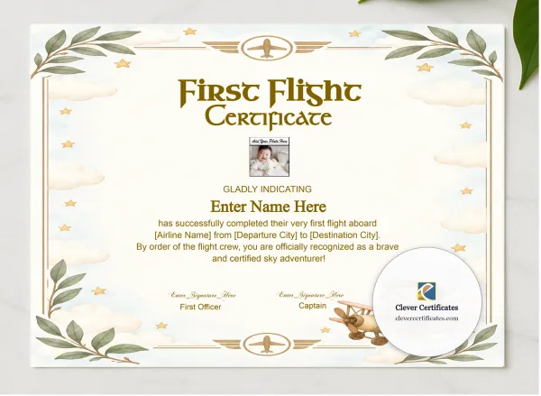 Toddler First Flight Certificate Classic Landscape presented in a sleek wooden frame, elegantly arranged on a stylish table.
