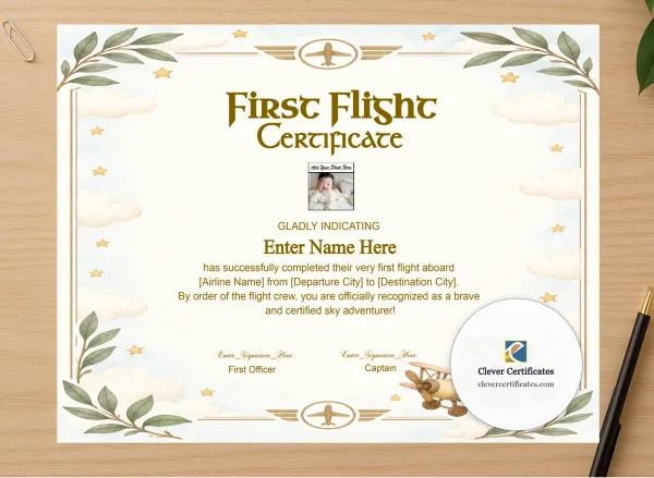 Professional preview of Toddler First Flight Certificate Classic Landscape certificate on high-quality stationery paper, ideal for showcasing the final look.