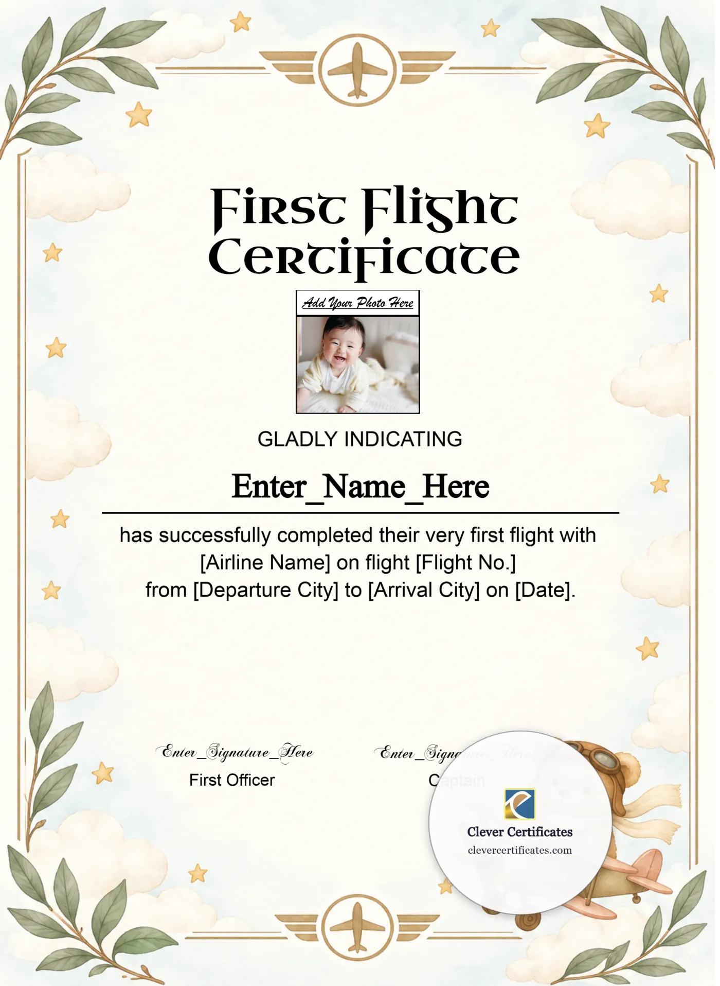 Toddler First Flight Certificate Classic Portrait — Certificate Template Preview