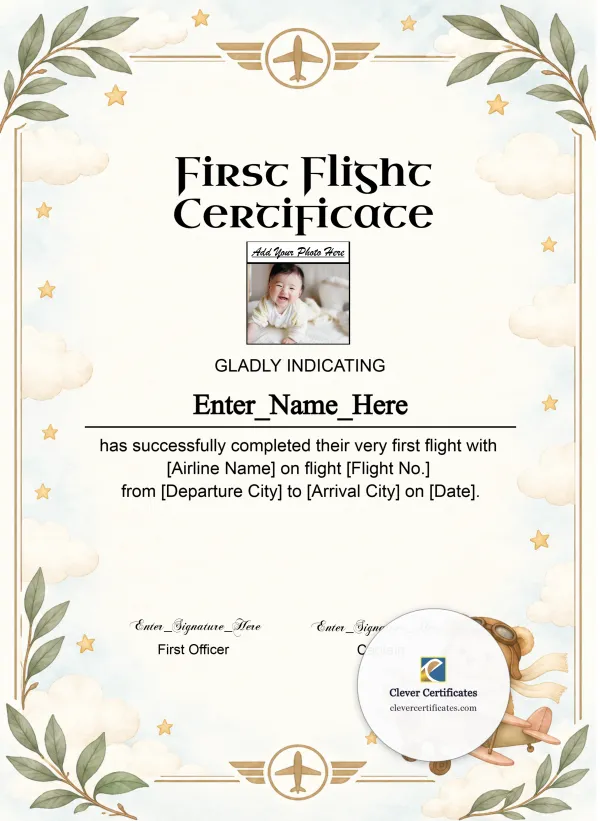 Toddler First Flight Certificate Classic Portrait — Certificate Template Preview