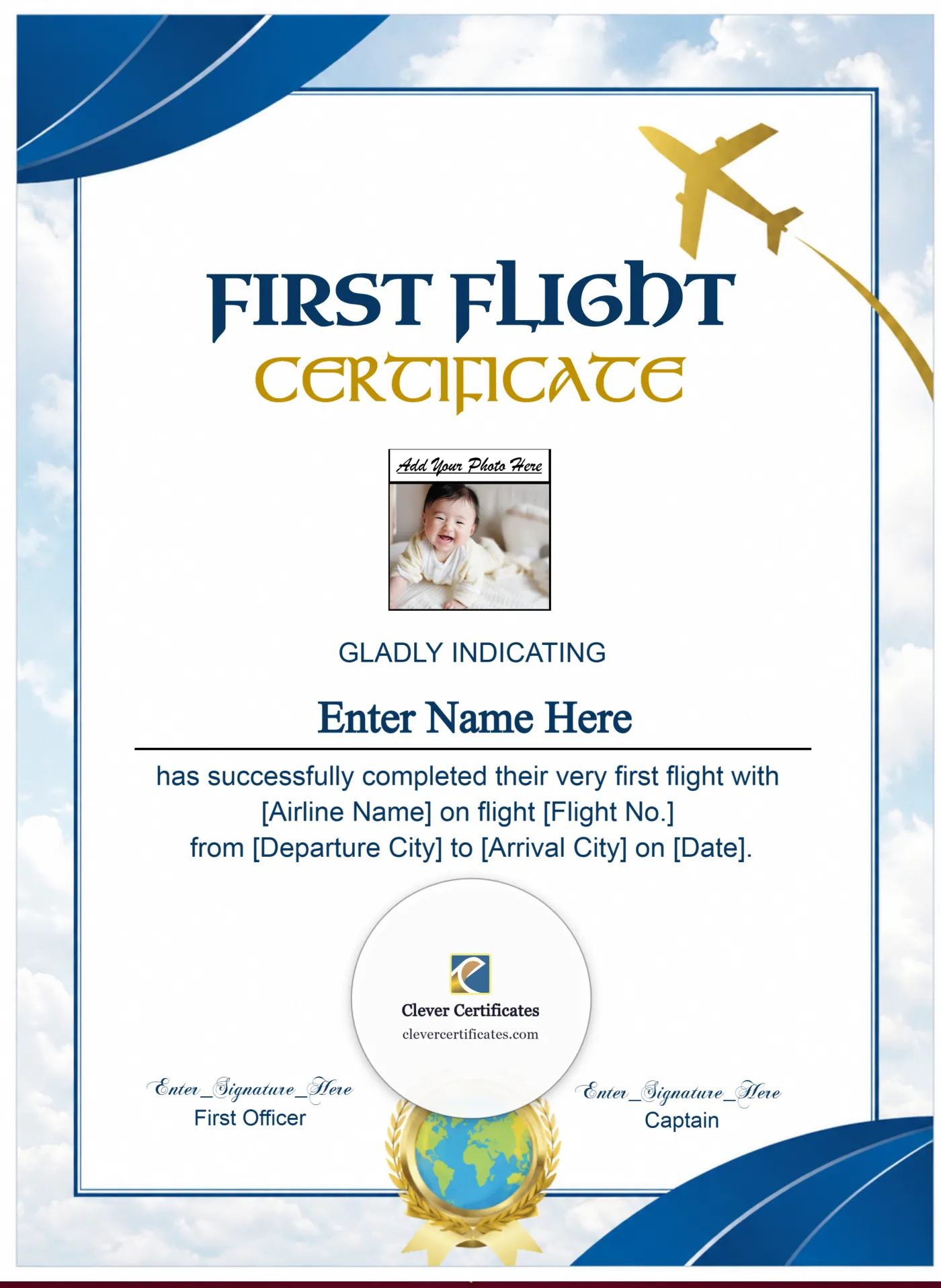 Editable First Flight Certificate Portrait — Certificate Template Preview