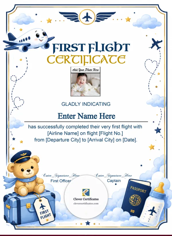 Editable First Flight Certificate With Photo Portrait — Certificate Template Preview