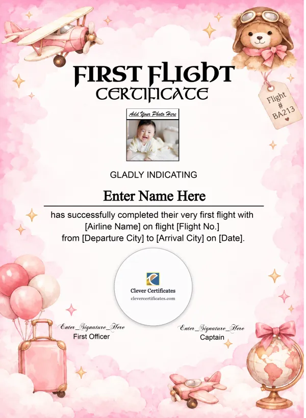 Customizable Elegant First Flight Certificate Portrait — Certificate Template Preview