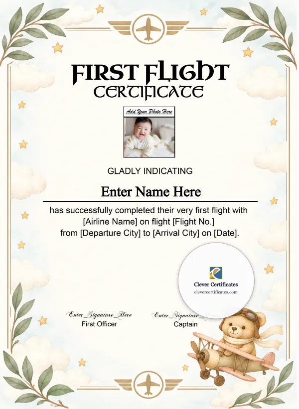 Editable First Flight Kids Certificate With Photo Portrait — Certificate Template Preview