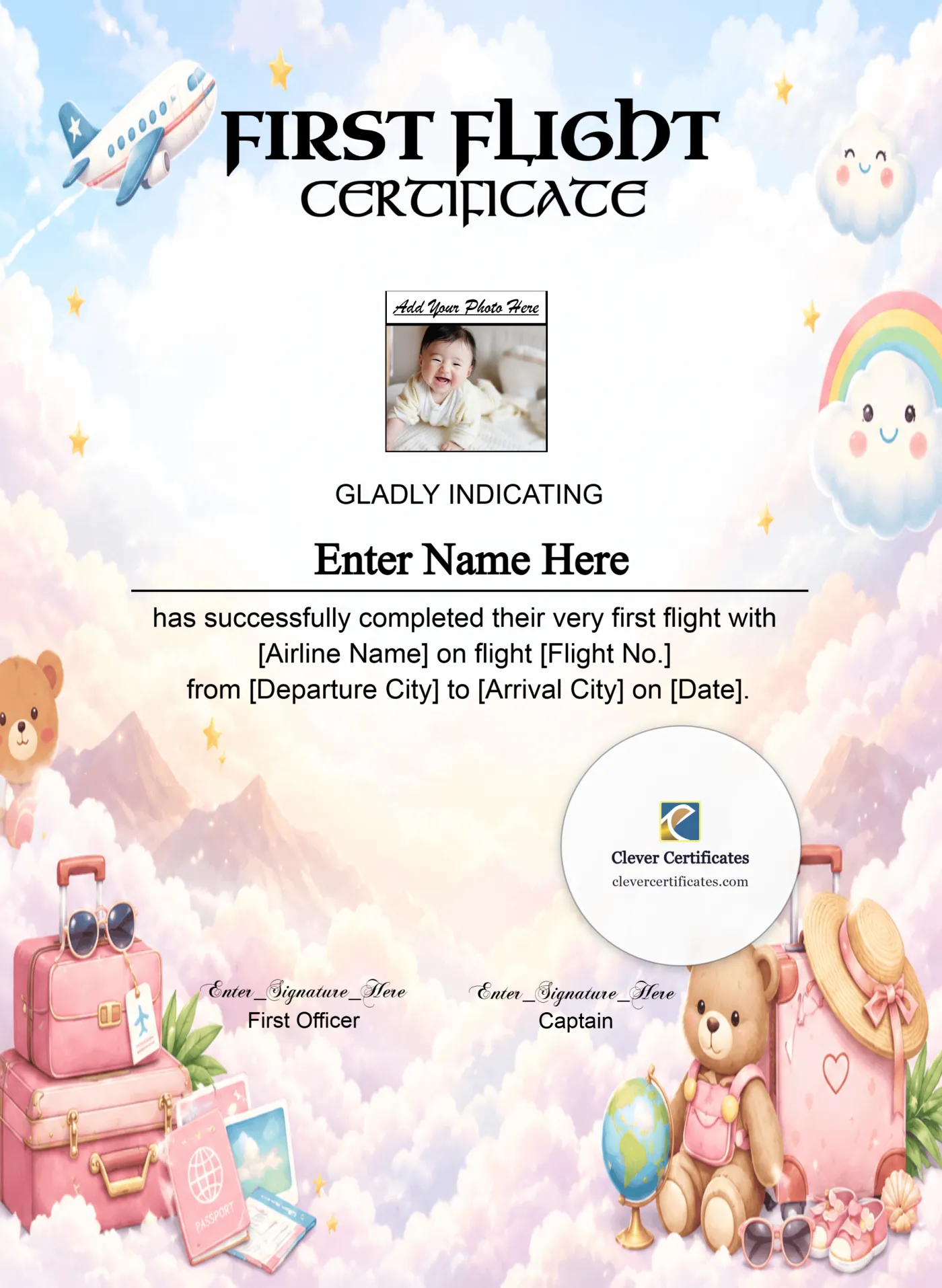 Editable First Flight Kids Certificate Portrait — Certificate Template Preview