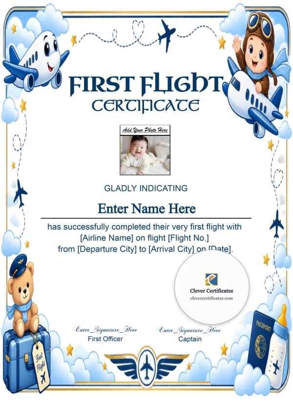 Airline First Flight Certificate Portrait — Certificate Template Preview