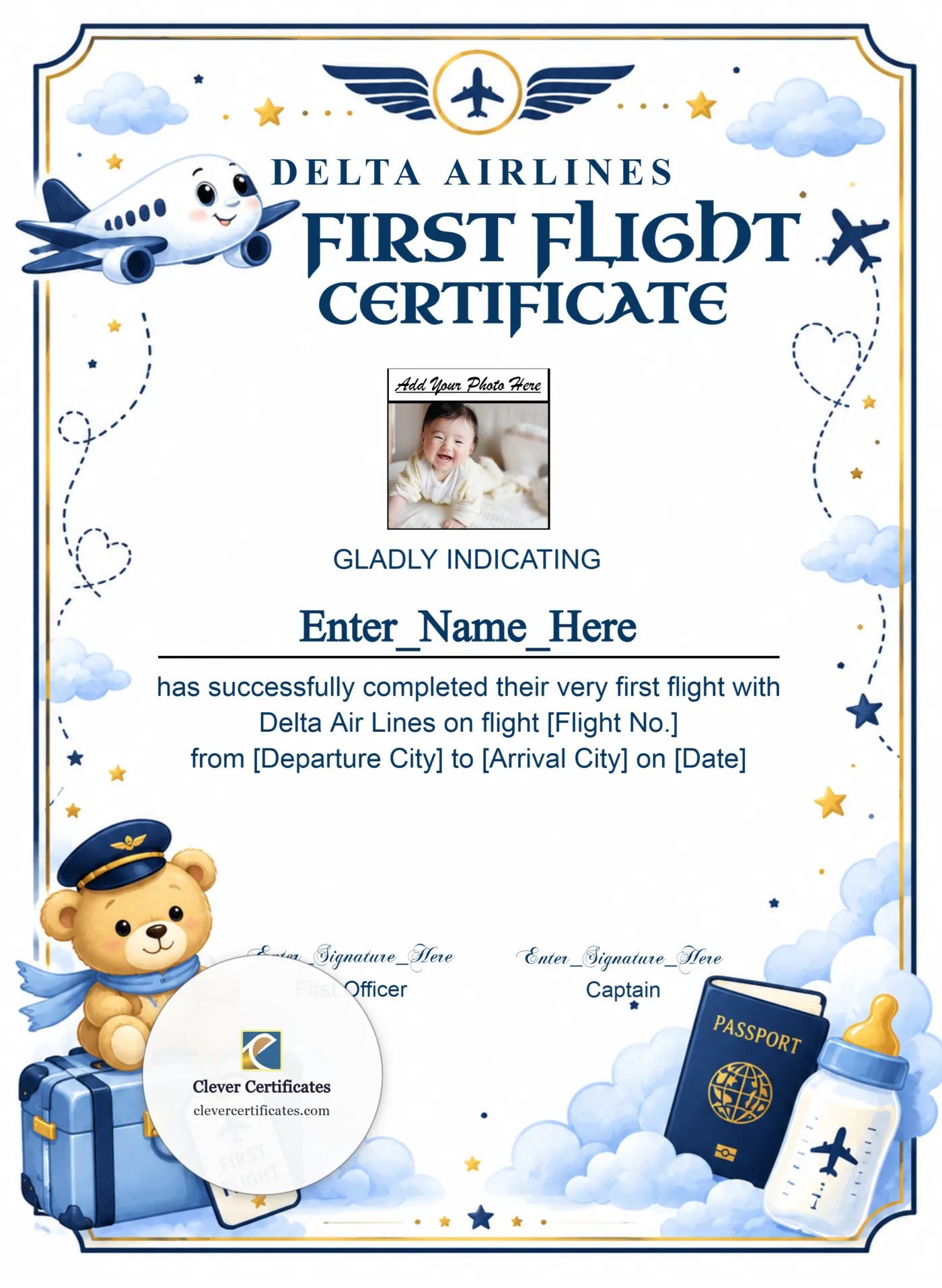 Delta Airplane First Flight Certificate Portrait — Certificate Template Preview