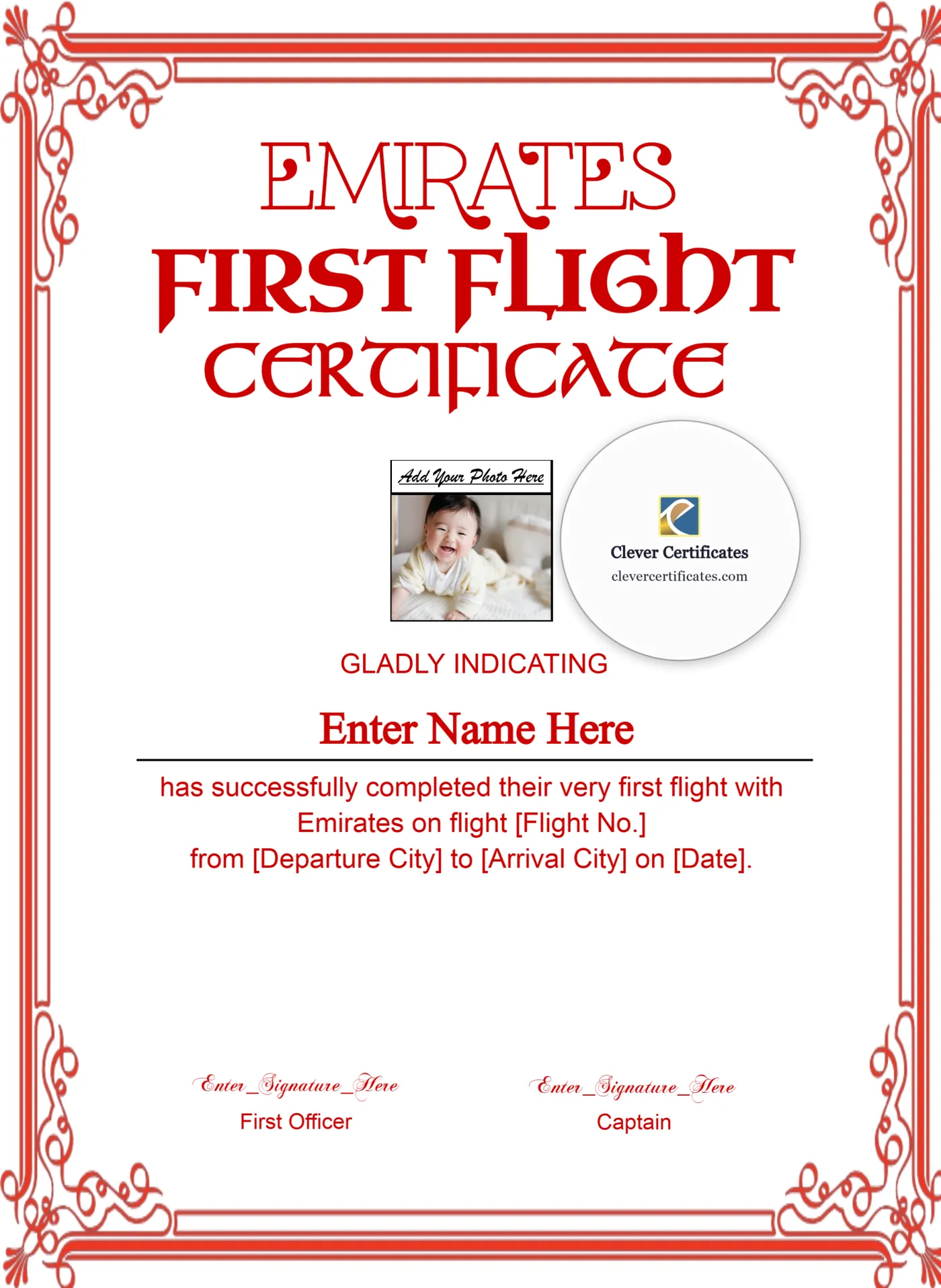 Emirates First Flight Certificate With Photo Portrait — Certificate Template Preview