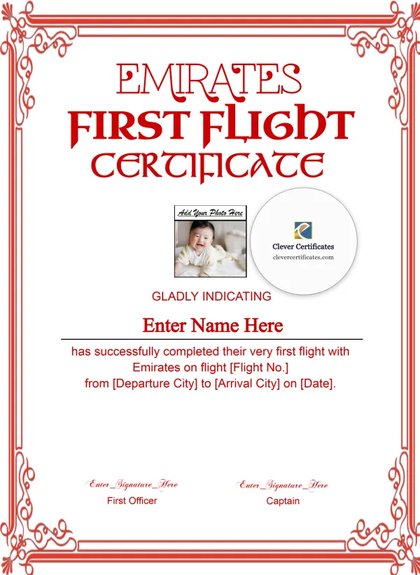 Free Emirates First Flight Certificate with Photo — Red Scroll Frame Portrait