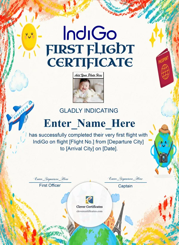 IndiGo First Flight Certificate With Photo Portrait — Certificate Template Preview