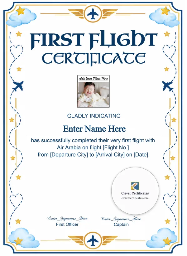 Air Arabia First Flight Certificate With Photo Portrait — Certificate Template Preview