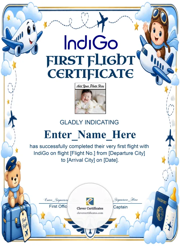 IndiGo Kids First Flight Certificate Portrait — Certificate Template Preview