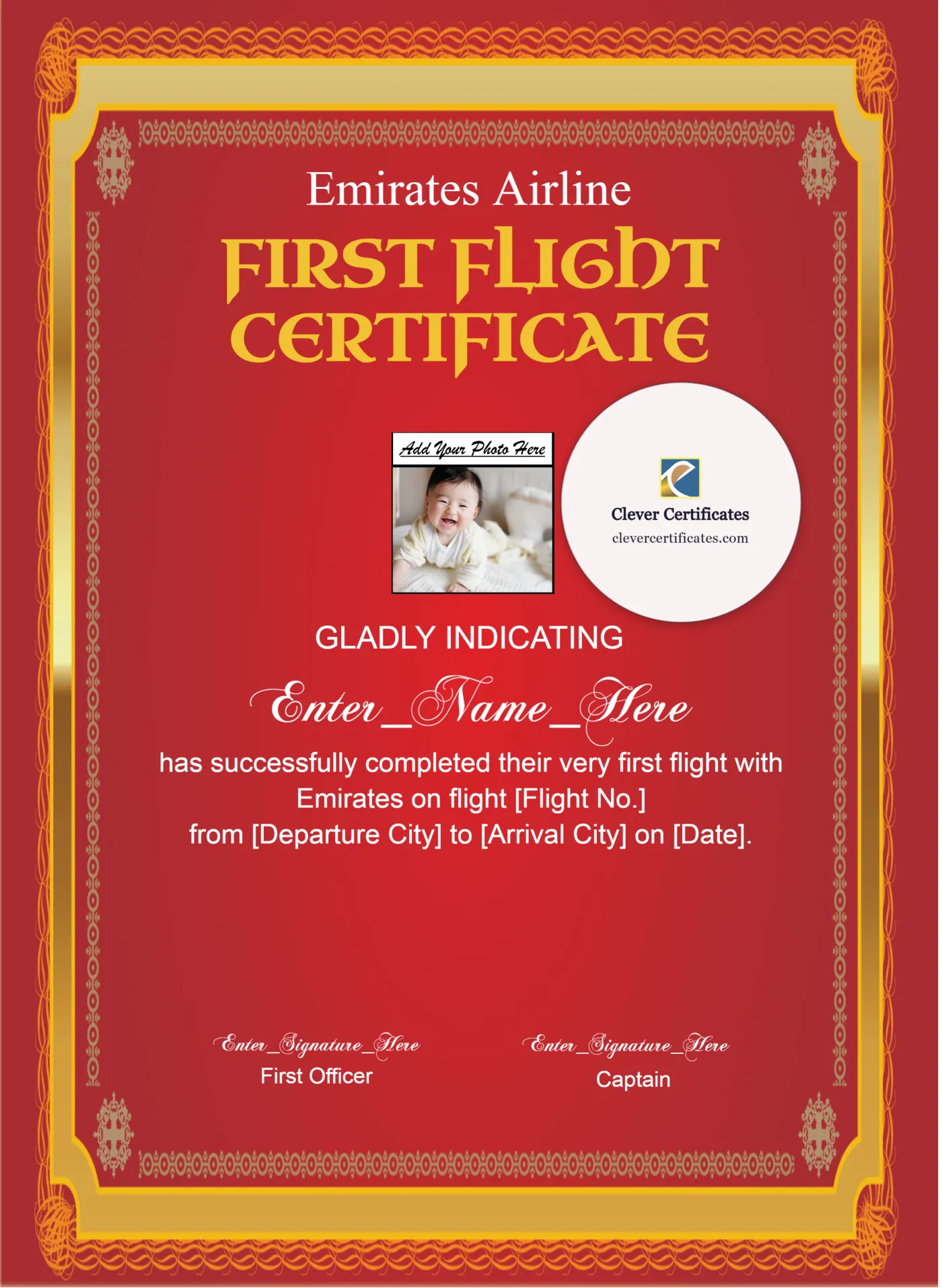 Emirates Kids First Flight Certificate Portrait — Certificate Template Preview