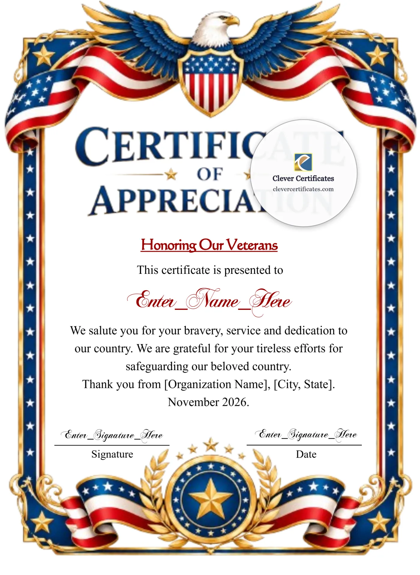 Editable Military Service Of America Appreciation Certificate Portrait — Certificate Template Preview