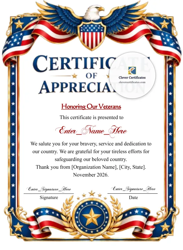 Free Veterans Appreciation Certificate — Eagle and Flag Frame Portrait