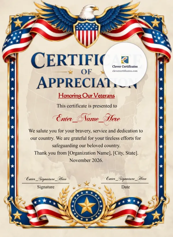Veterans Day Appreciation Certificate Portrait — Certificate Template Preview